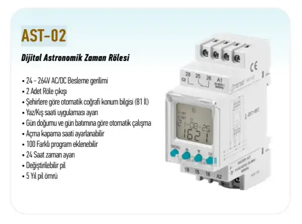 Tense AST-02 Astronomik Zaman Rölesi 2 çıkışlı 24V - 250V AC/DC